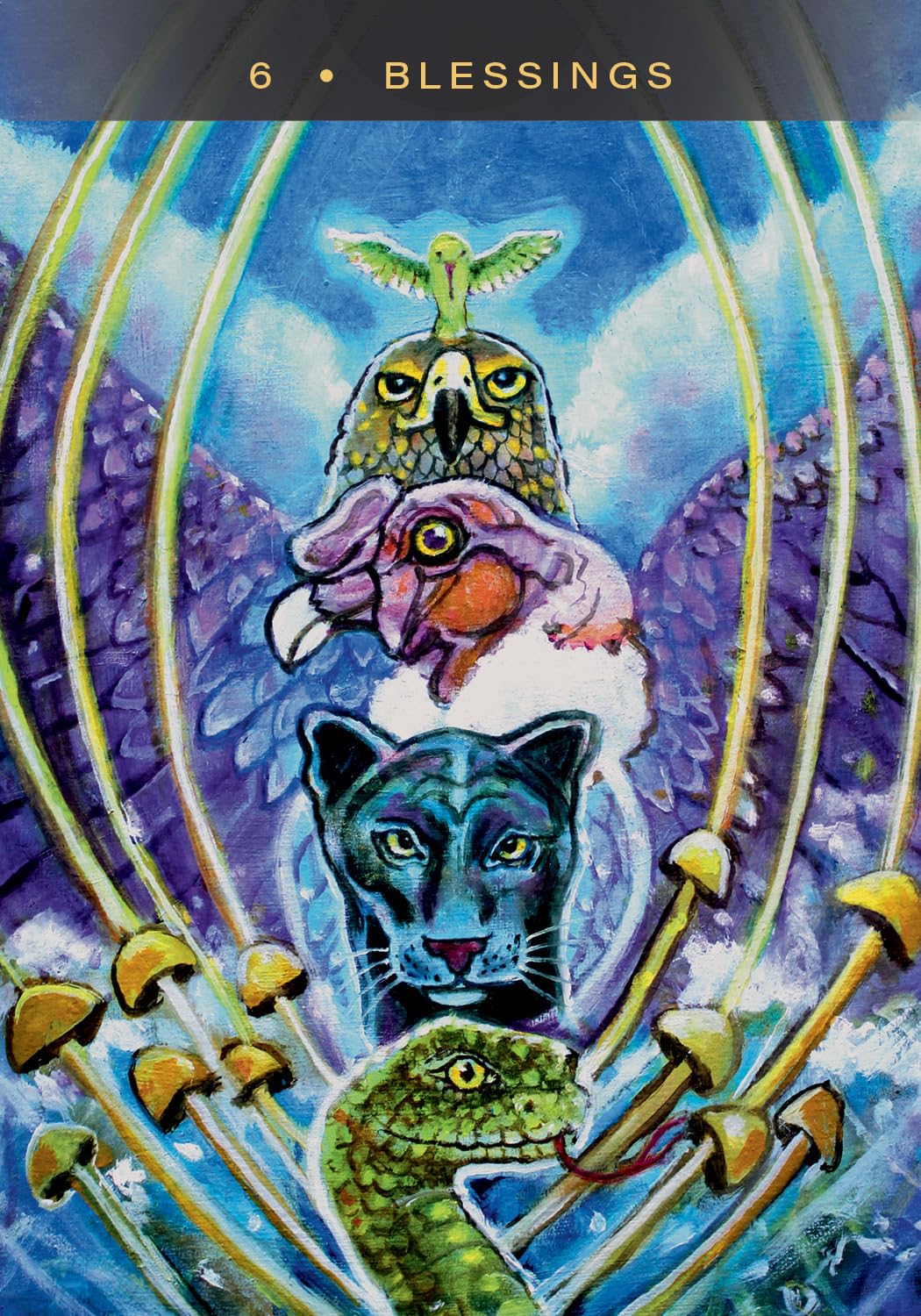 Colorful illustration of animals with a mystical design, featuring an owl, panther, and lizard, surrounded by abstract elements.