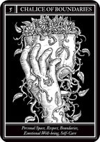Black and white illustration of a tarot card titled 'Chalice of Boundaries' with hands holding a chalice.