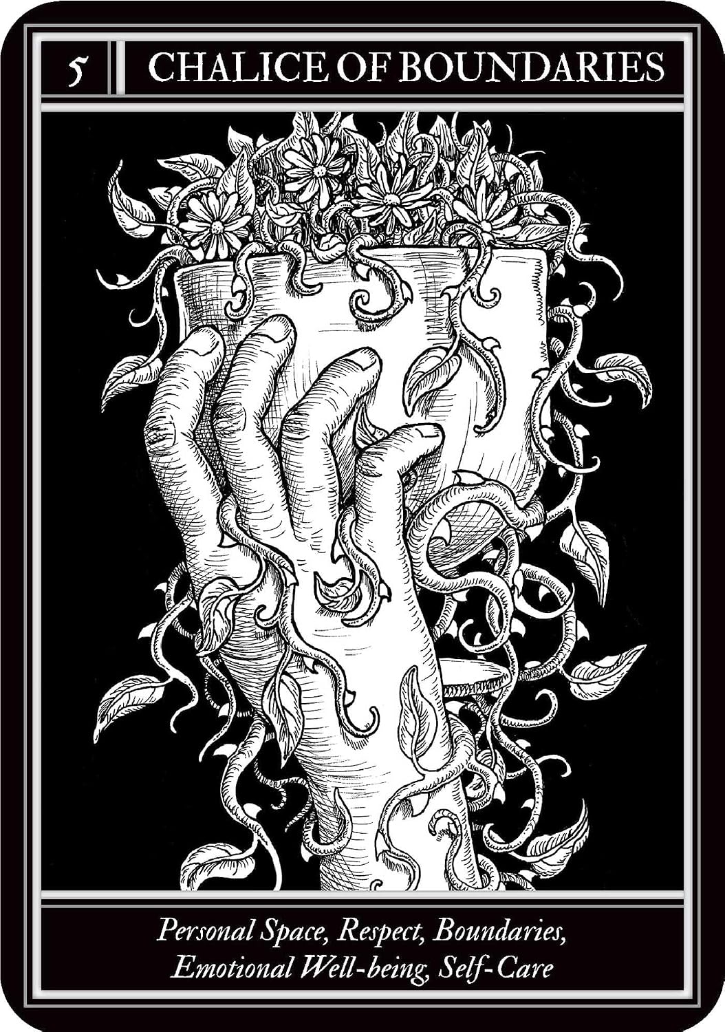Black and white illustration of a tarot card titled 'Chalice of Boundaries' with hands holding a chalice.