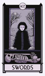Tarot card with a figure, trees, and skeleton, labeled 'Ace of Swords'.