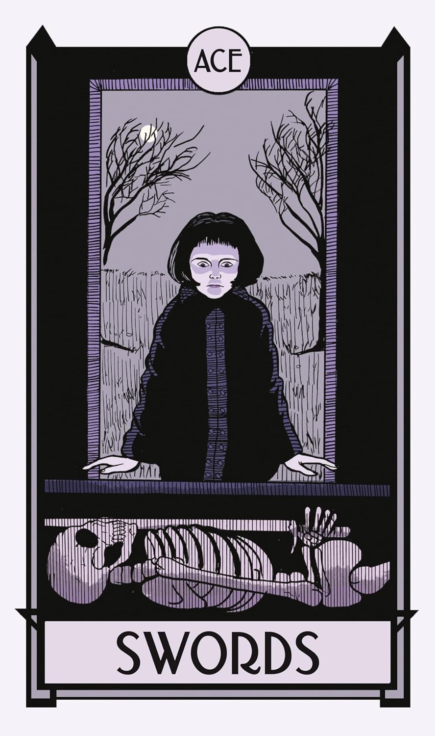 Tarot card with a figure, trees, and skeleton, labeled 'Ace of Swords'.