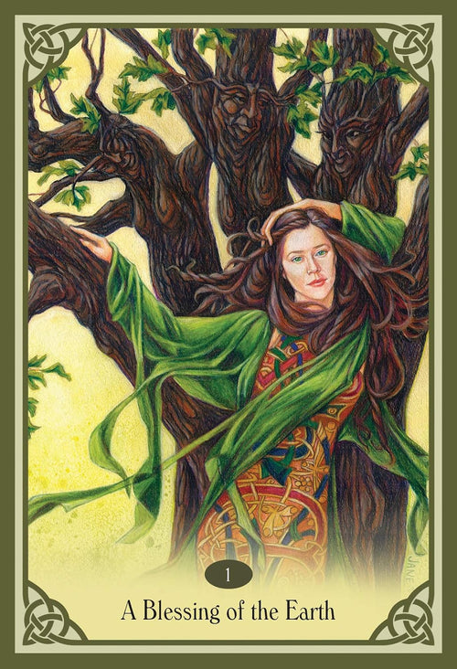 A tarot card titled 'A Blessing of the Earth' featuring an illustration of a woman in a flowing green cloak standing among large tree trunks with faces, set against a pale yellow background with Celtic knot borders.