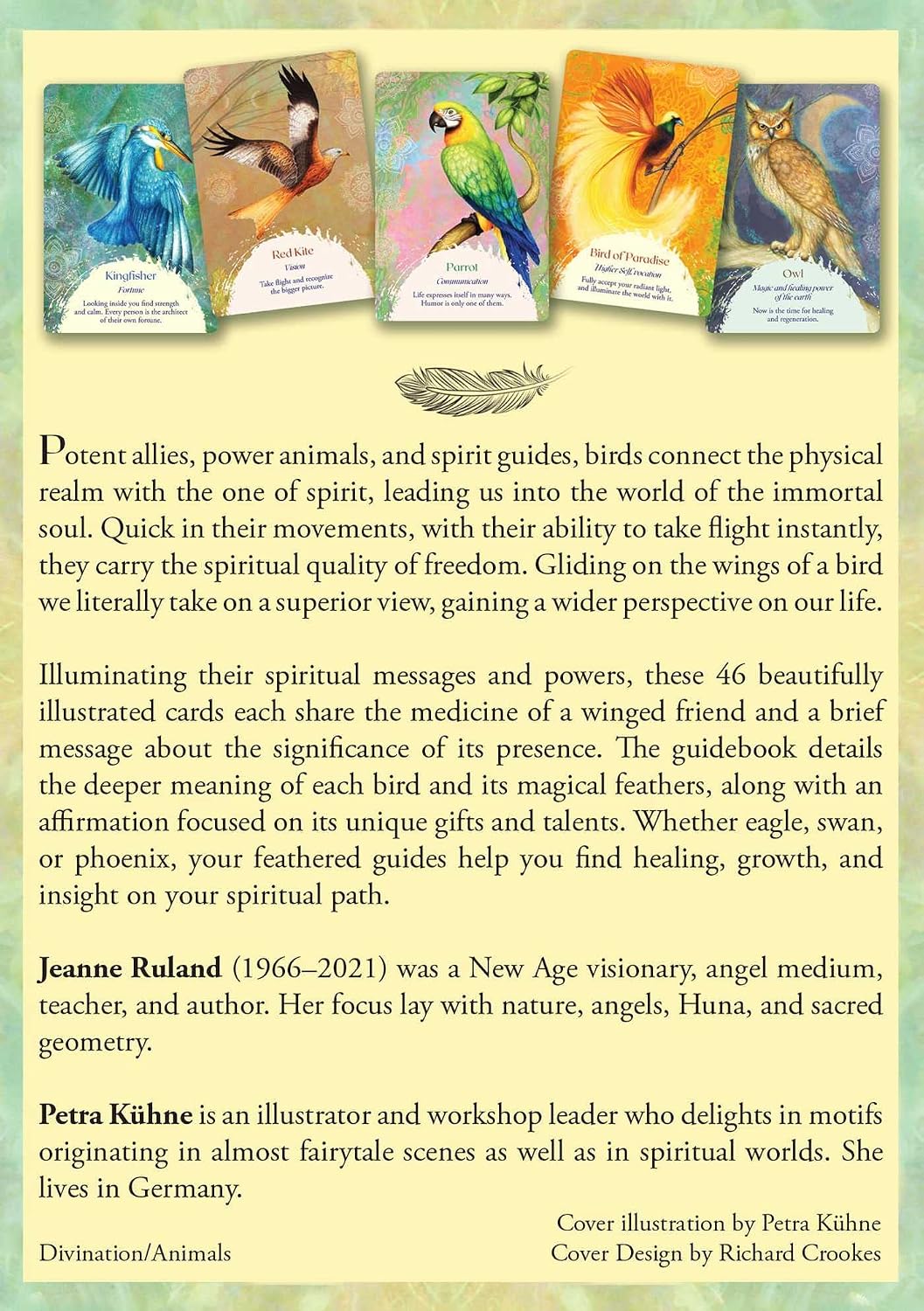 Card deck with illustrations of birds and their meanings, featuring Jeanne Ruland and Petra Kähne.