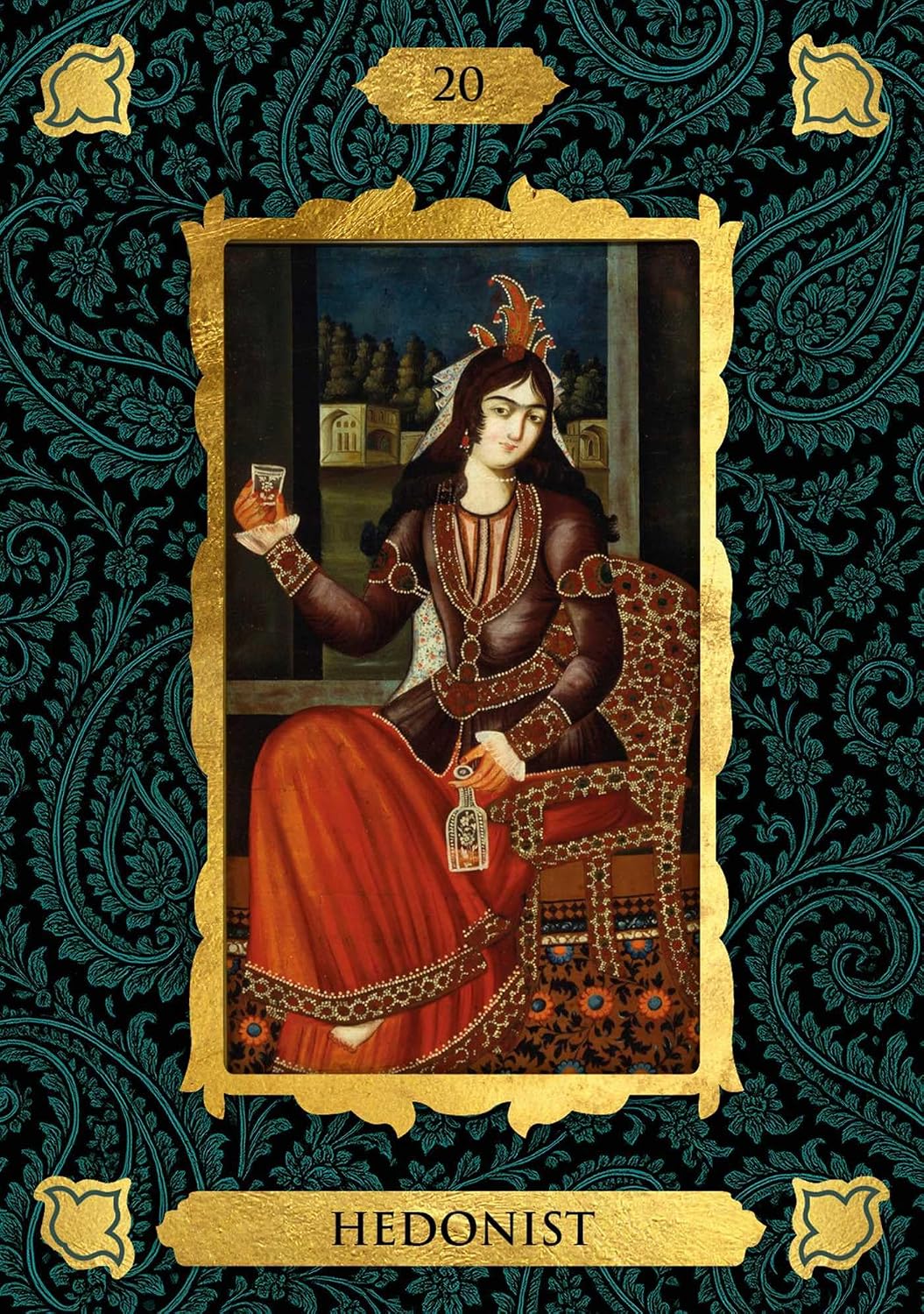 A tarot card titled 'HEDONIST' featuring a gold-framed portrait of a woman in ornate traditional clothing seated on a decorated chair, holding a glass and a small bottle. The card has a dark teal and black ornate patterned border with gold decorative corners and the number 20 at the top.