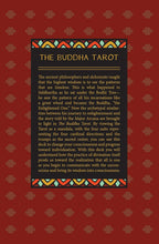 Cover of 'The Buddha Tarot' with text and decorative elements on a red background