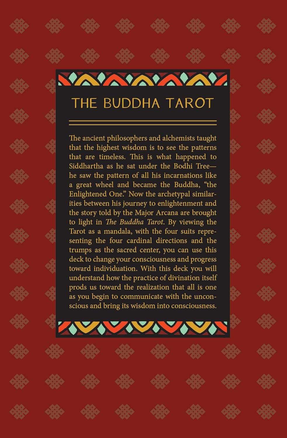 Cover of 'The Buddha Tarot' with text and decorative elements on a red background