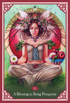 A tarot card illustration titled 'A Blessing to Bring Prosperity' showing a seated woman with a floral crown, wings, and fruit, framed by a red Celtic border. This is a Product/Packaging subject type as it represents the card design itself.