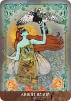 Card featuring a stylized illustration of a woman with a falcon, surrounded by floral elements and decorative border.
