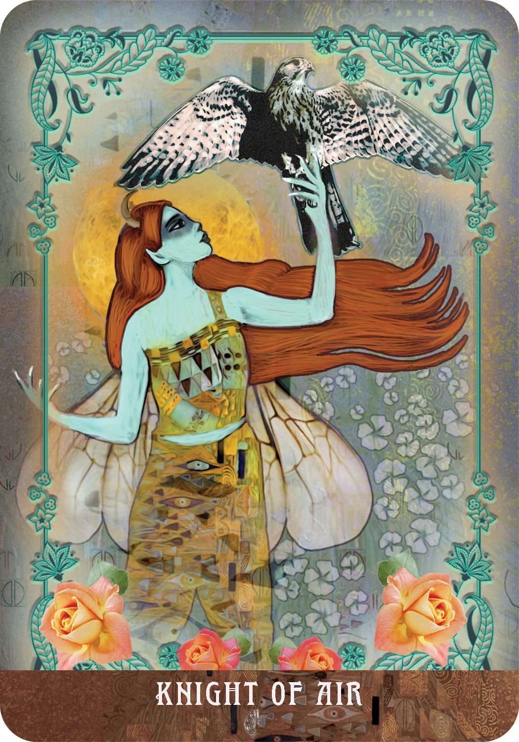Card featuring a stylized illustration of a woman with a falcon, surrounded by floral elements and decorative border.