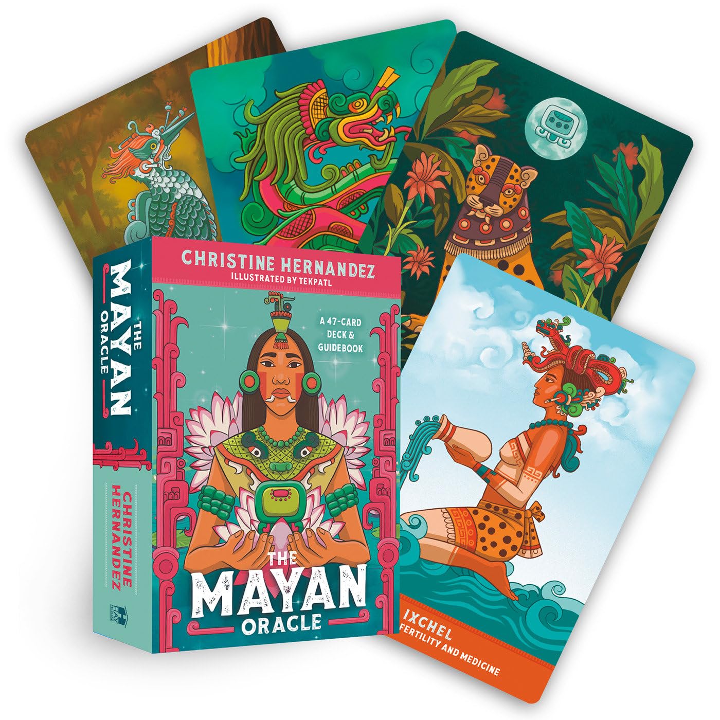 Mayan Oracle cards with colorful illustrations and a box on a white background
