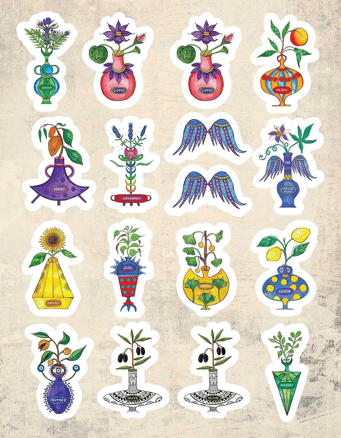 Set of decorative stickers with floral and vase designs on a textured beige background.
