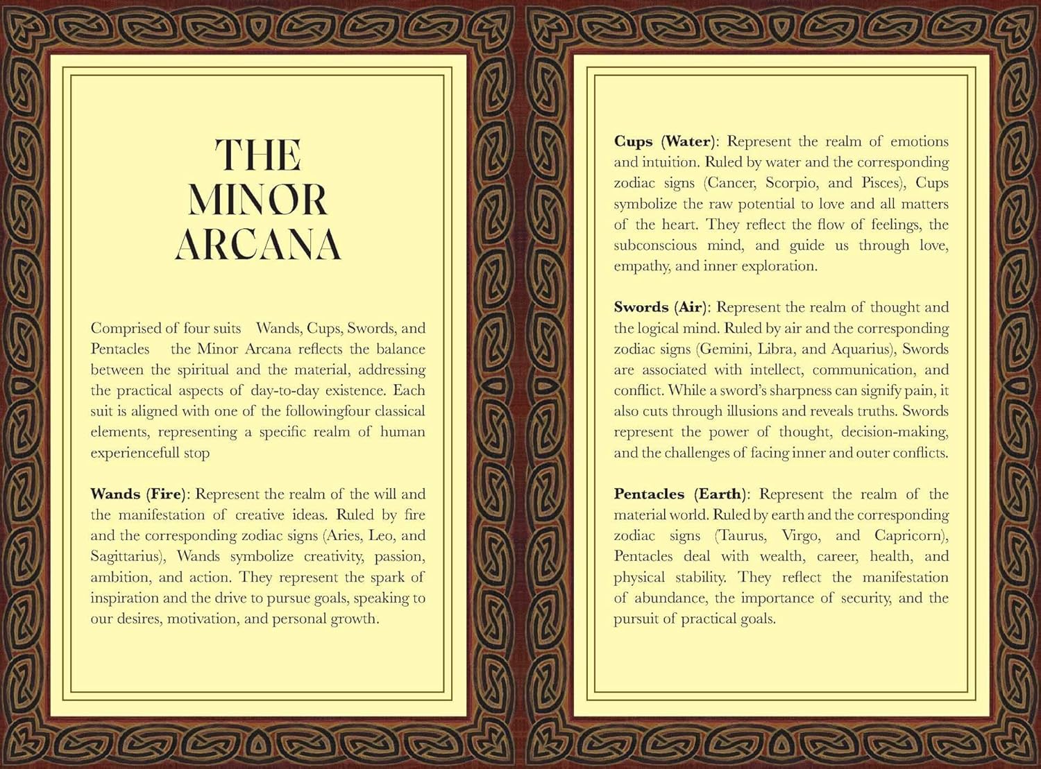 Informational text about the Minor Arcana from a tarot card guidebook, with decorative borders and text layout.