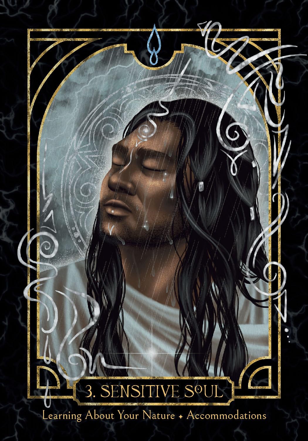 Illustration of a person with long hair and closed eyes, framed by decorative elements on a dark background.