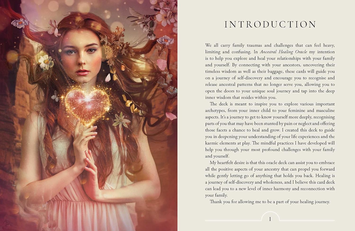Magical card with a woman holding a glowing heart and text on an introduction page.