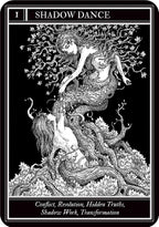 Black and white illustration of a tarot card titled 'Shadow Dance' with intertwined figures and tree-like design.