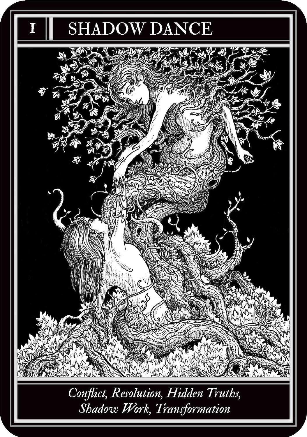 Black and white illustration of a tarot card titled 'Shadow Dance' with intertwined figures and tree-like design.