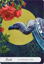 Card with a bird and flowers, labeled 'Death' from a tarot deck.