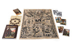 Fantasy role-playing game components including a map, books, and cards on a white background