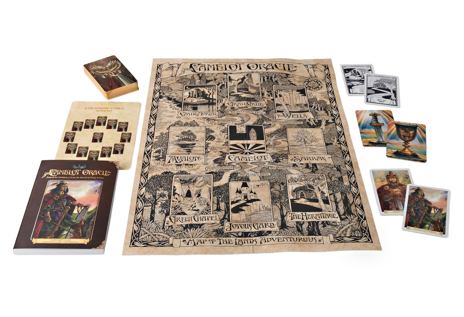 Fantasy role-playing game components including a map, books, and cards on a white background