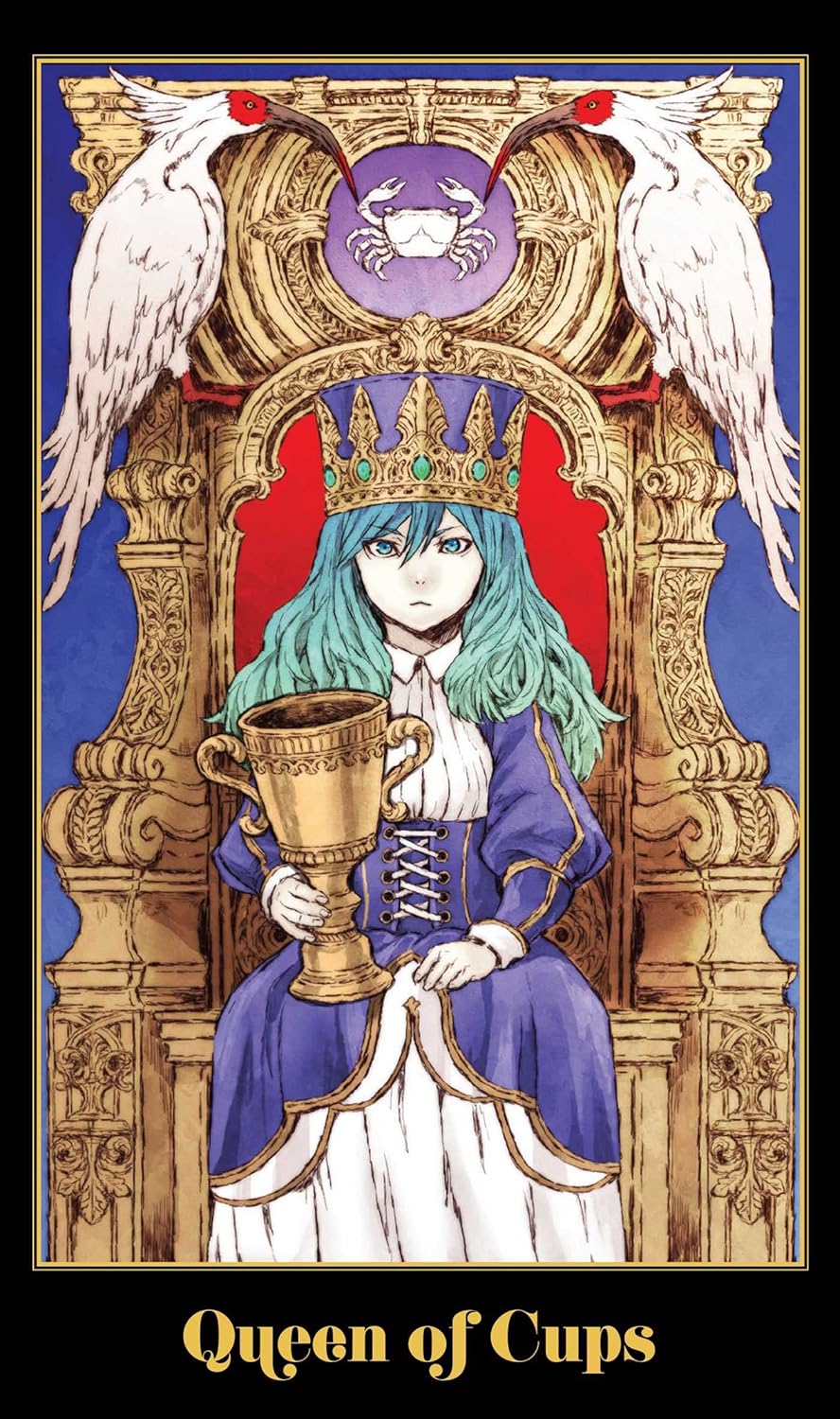 Card featuring a character with blue hair and a crown, holding a cup, on an ornate throne with a blue background.