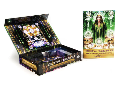 Celestial Frequencies product packaging with cards and box on a white background