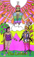 Colorful tarot card titled 'The Lovers' with three figures in vibrant clothing against a bright background.