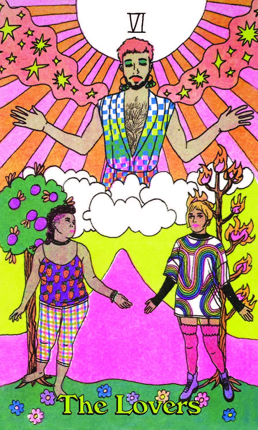Colorful tarot card titled 'The Lovers' with three figures in vibrant clothing against a bright background.