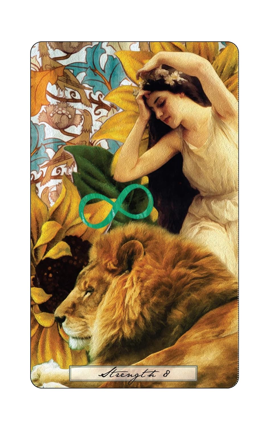 Card featuring a woman, lion, and green rings with decorative elements