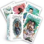 Card deck with illustrated cards featuring people and nature, with a box labeled 'The Unfolding Path Tarot' by Athenne Noctua.