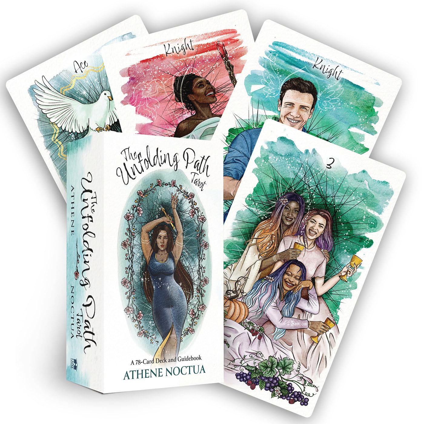 Card deck with illustrated cards featuring people and nature, with a box labeled 'The Unfolding Path Tarot' by Athenne Noctua.