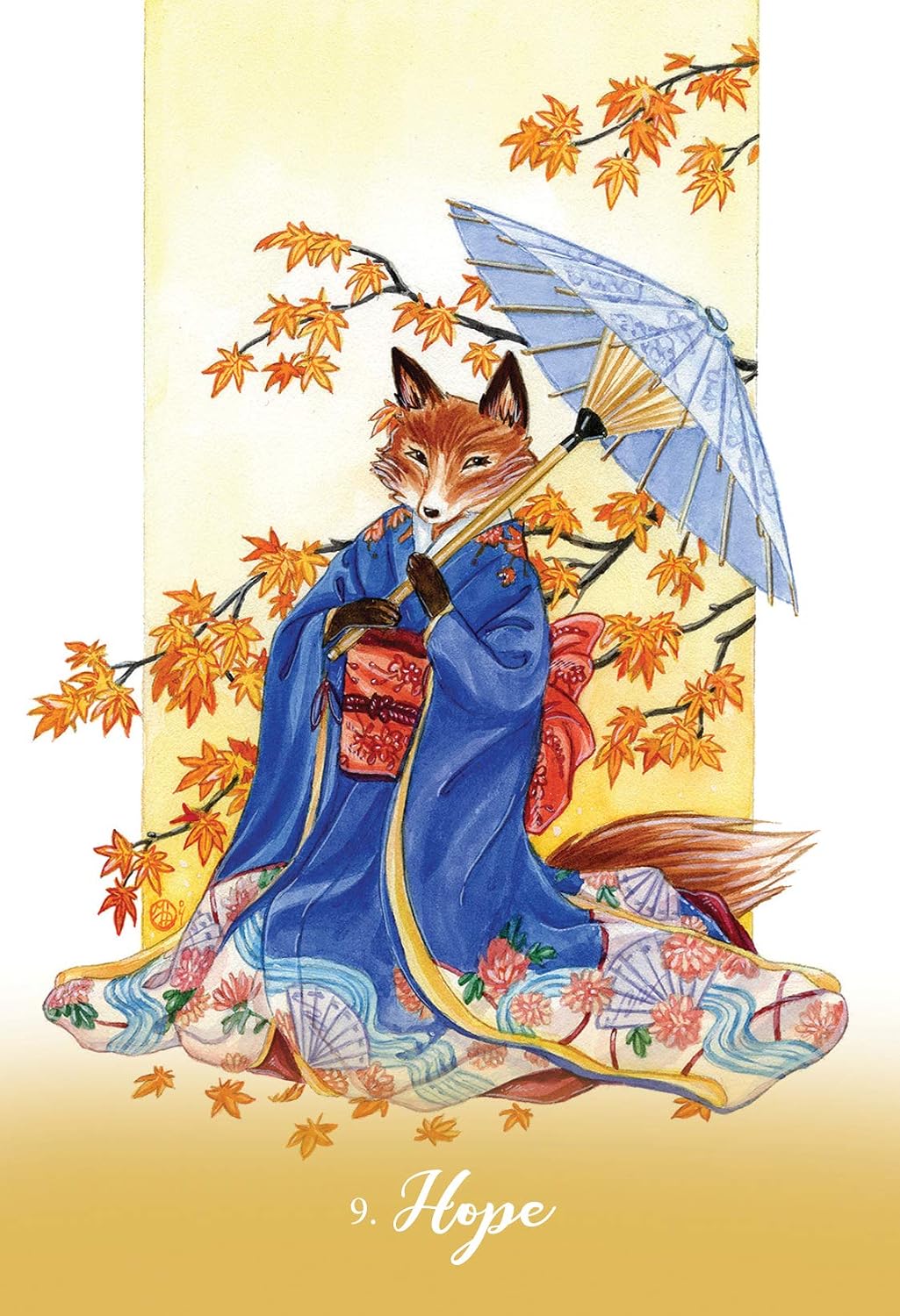 Illustrated art print featuring an anthropomorphic fox in a blue kimono holding a light blue parasol, surrounded by orange autumn leaves, with the word 'Hope' at the bottom.
