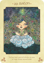 A tarot-style oracle card titled '33. witch' with ornate cream border text and decorative corner symbols.