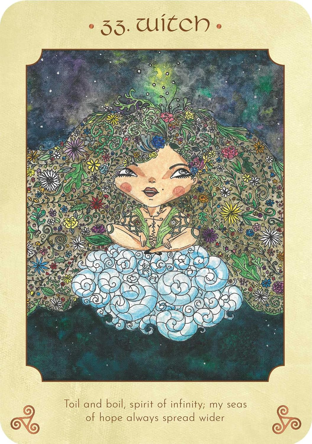 A tarot-style oracle card titled '33. witch' with ornate cream border text and decorative corner symbols.