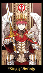 Illustration of a character in regal attire with a sword, wearing a crown and red robe, on a detailed background.