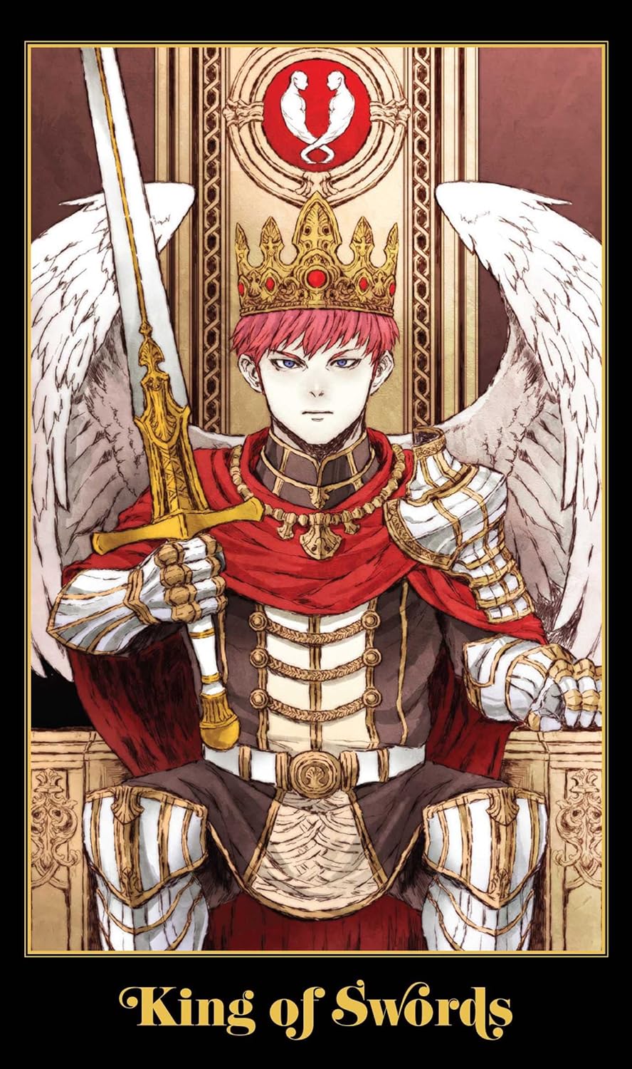 Illustration of a character in regal attire with a sword, wearing a crown and red robe, on a detailed background.