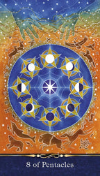 Card from a tarot deck featuring a blue pentacle symbol with star phases and animal illustrations on an orange background.