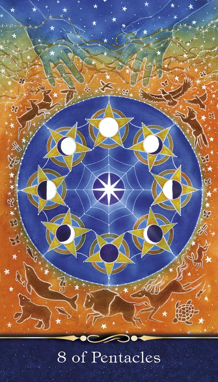 Card from a tarot deck featuring a blue pentacle symbol with star phases and animal illustrations on an orange background.