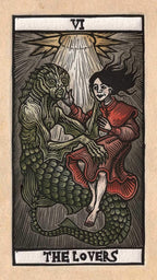 Tarot card titled 'The Lovers' with a creature and a woman sitting together.