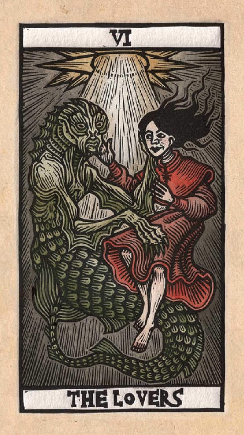 Tarot card titled 'The Lovers' with a creature and a woman sitting together.