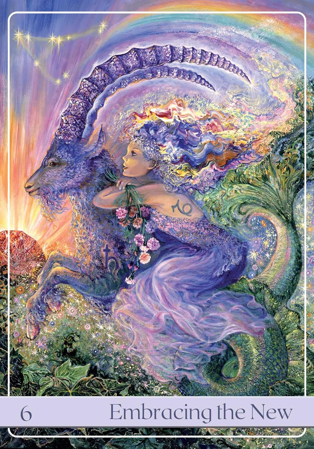 Fairy and dragon in a fantasy landscape with rainbow and flowers, labeled 'Embracing the New'.
