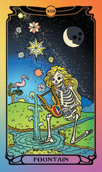 A tarot-style art print titled 'Fountain' showing a skeleton playing an electric guitar near a spring in a stylized landscape. The scene includes a crescent moon, stars, flowers, a pink flamingo, and a rainbow gradient border.