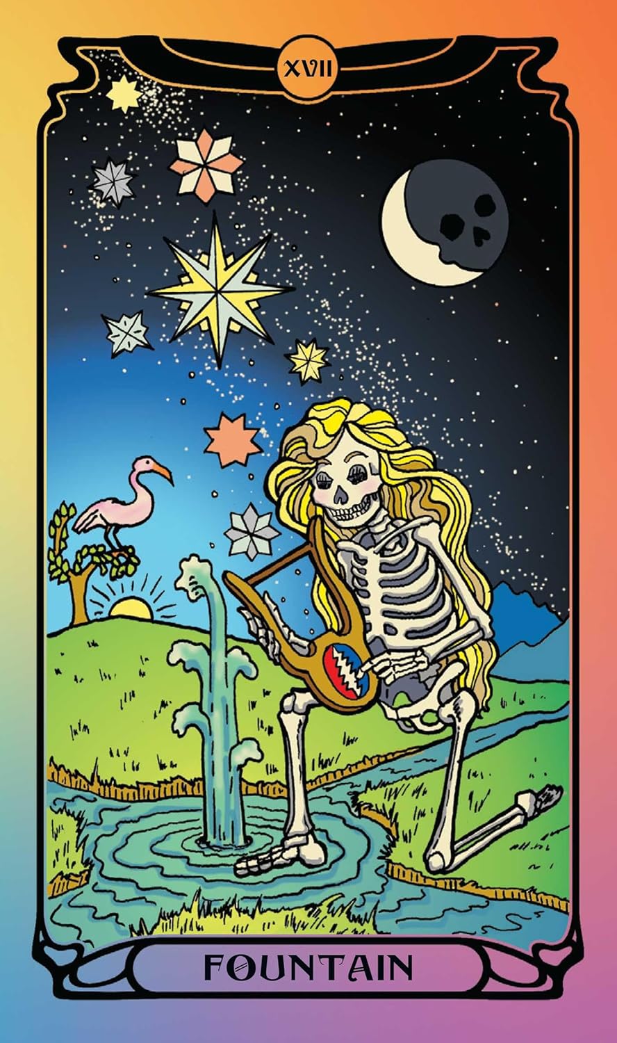 A tarot-style art print titled 'Fountain' showing a skeleton playing an electric guitar near a spring in a stylized landscape. The scene includes a crescent moon, stars, flowers, a pink flamingo, and a rainbow gradient border.