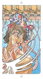 Art Nouveau-style tarot card with a woman holding flowers and a circular design.