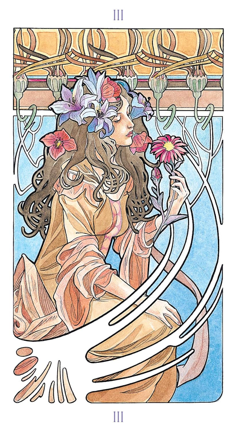 Art Nouveau-style tarot card with a woman holding flowers and a circular design.