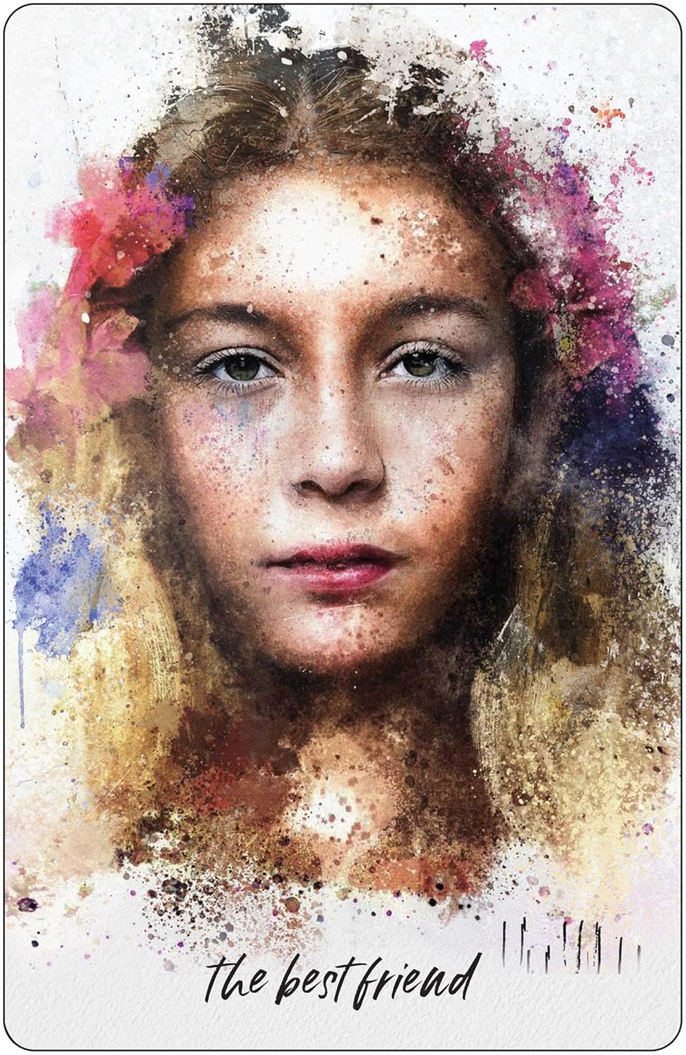 Artistic depiction of a young girl with watercolor effects and text 'The best friend' on a white background