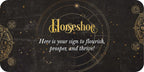 Decorative card with 'Horseshoe' text and astrological symbols on a dark background