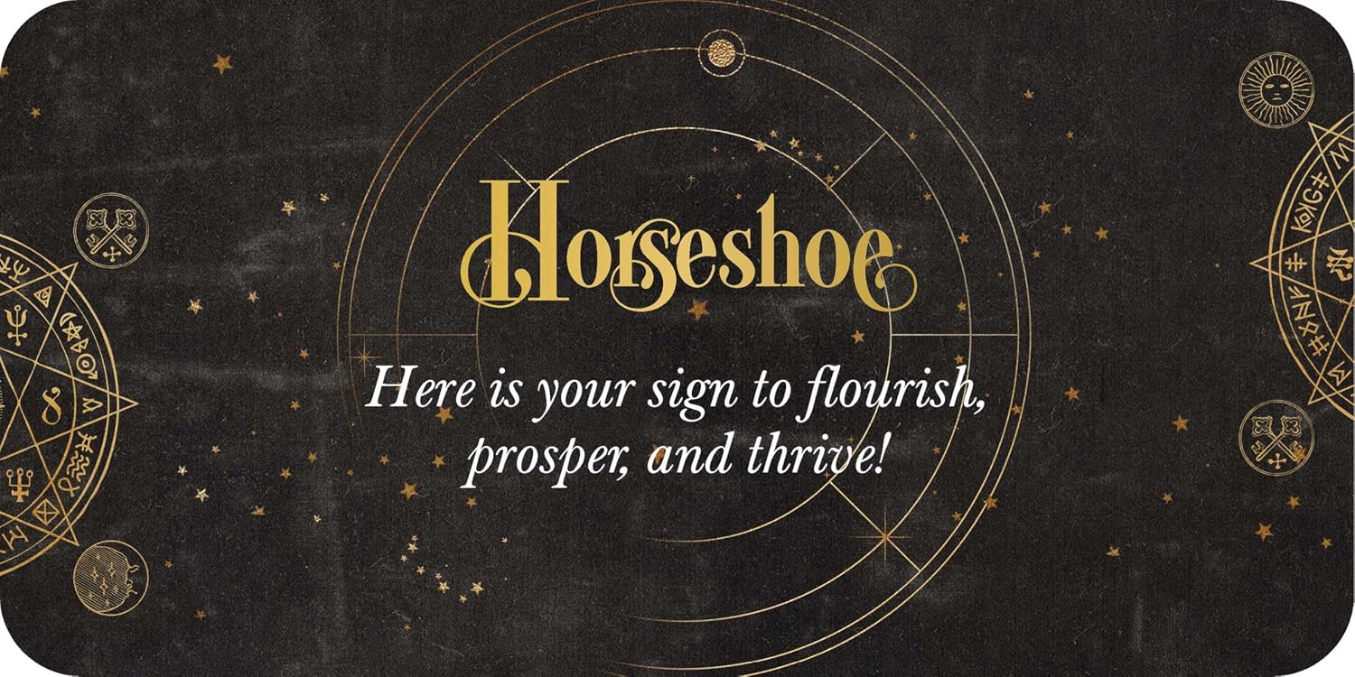 Decorative card with 'Horseshoe' text and astrological symbols on a dark background
