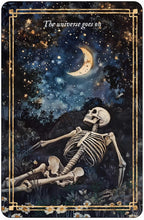 Skeletal figure in a natural setting with a night sky and moon, featuring the text 'The universe goes on'.