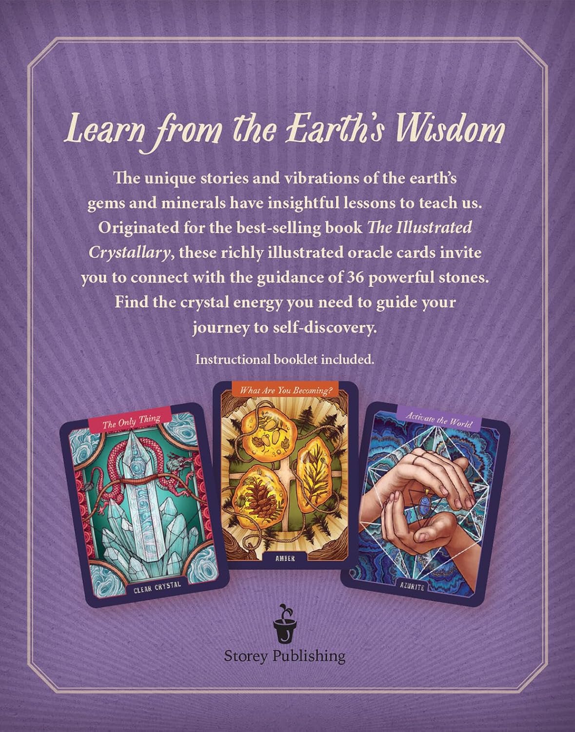 Purple promotional graphic for a booklet or oracle card set titled "Learn from the Earth's Wisdom," with descriptive text and three illustrated cards shown at the bottom. Storey Publishing logo appears at the bottom center.