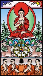 Buddhist illustration with Buddha in meditation, wheel of dharma, and monks in orange robes.